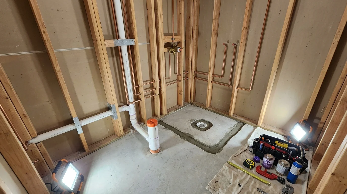 Bathroom rough-in plumbing during remodel by Johns Plumbing LLC in Cheney